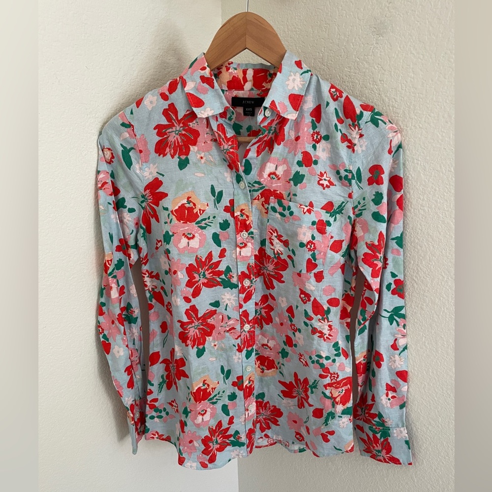 J. Crew Linen & Cotton Button-up Shirt - Sky Blue Blouse w/Floral Print - Sz XXS